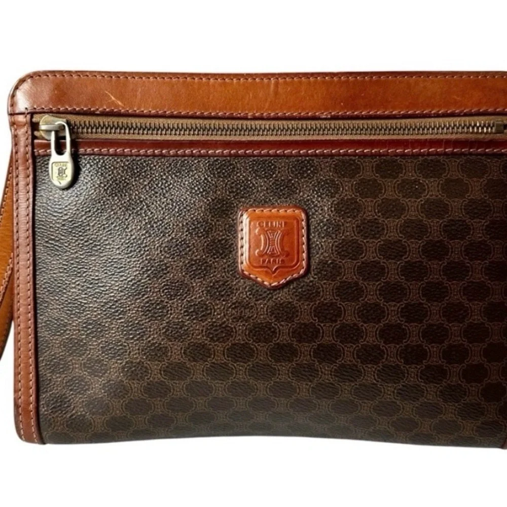 💯 Authentic Italy certified Céline Vintage Macadam Wristlet Pouch Brown Leather